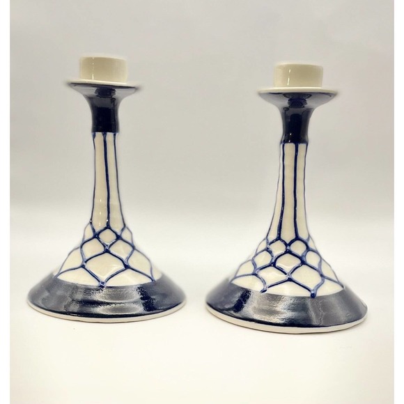 2 Vintage Pottery Candlestick Holders Geometric / Web Design Cobalt Blue & White - Picture 2 of 14